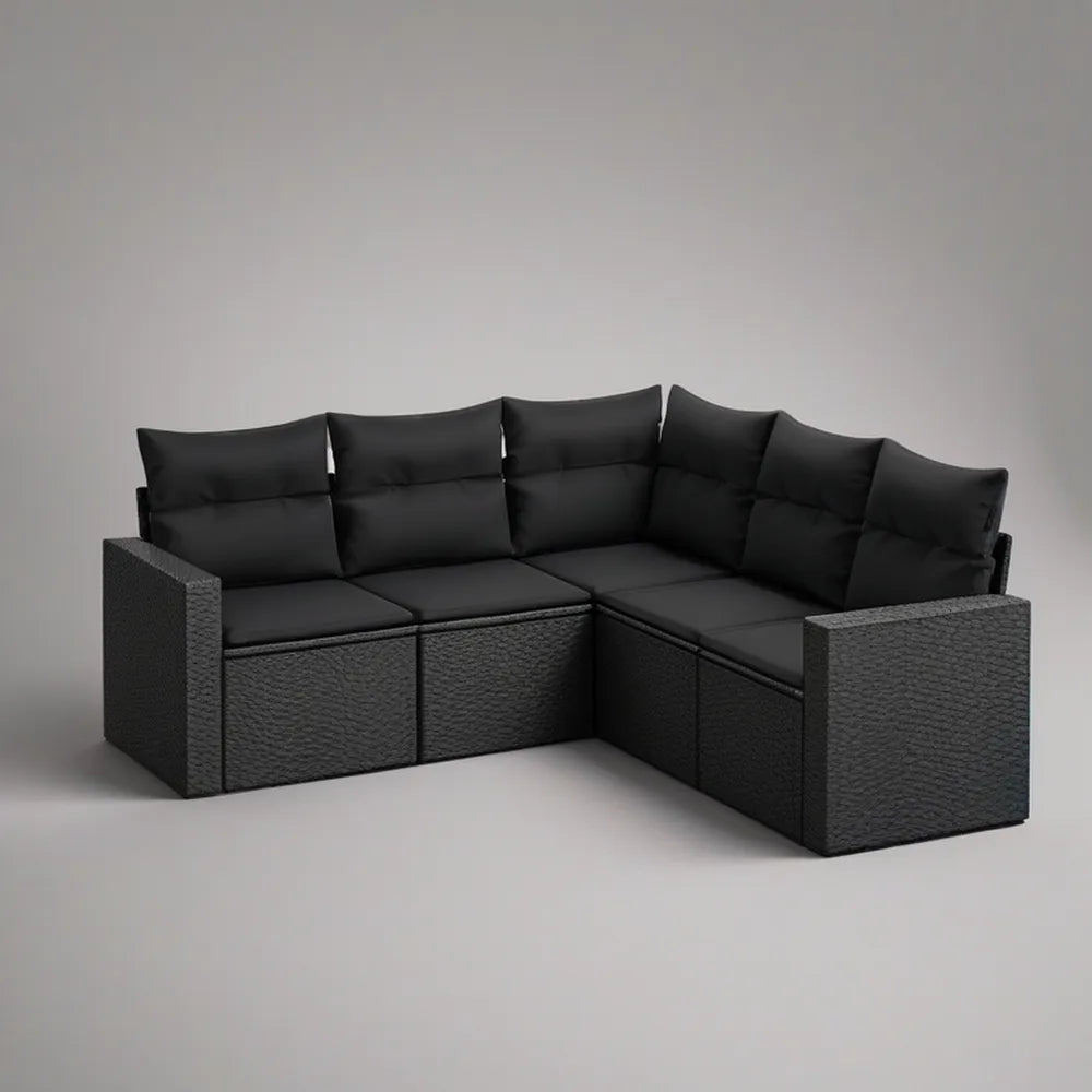 Sofá de Canto para Jardim de 5 Lugares em Vime PE Preto, 220 x 220 x 63 cm