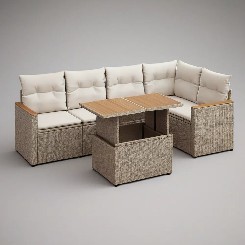Conjunto de exterior em L de 3 peças com arrumação, vime PE Bege/Branco Marfim/Castanho Natural, 210 x 210 cm