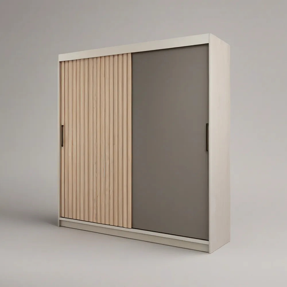Roupeiro com 2 Portas de Correr, 200 x 200 x 60 cm, Branco, Cinzento, Bege-claro e Preto