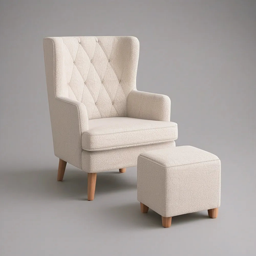 Poltrona de Encosto Alto em Bouclé Bege com Repousa-pés, 78 x 85 x 105 cm