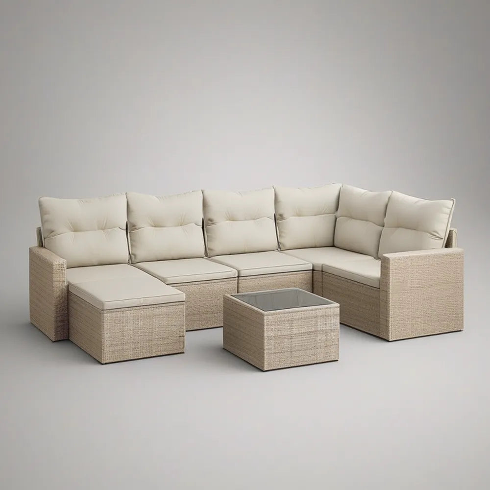 Conjunto de Sofá de Jardim Modular em L para 5 Lugares com Mesa de Centro, 260 x 190 cm, Bege e Creme