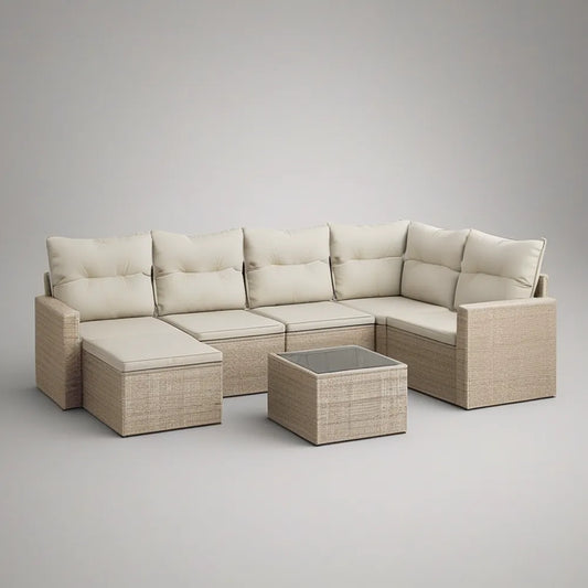 Conjunto de Sofá de Jardim Modular em L para 5 Lugares com Mesa de Centro, 260 x 190 cm, Bege e Creme