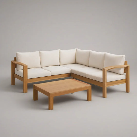 Conjunto de exterior com sofá de canto em L e mesa de centro em madeira de acácia, 230 x 230 cm, Castanho Natural e Bege