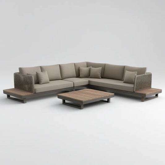 Conjunto de exterior em L com mesa de centro, alumínio, madeira de acácia e corda Bege/Castanho/Preto, 300 x 220 x 70 cm