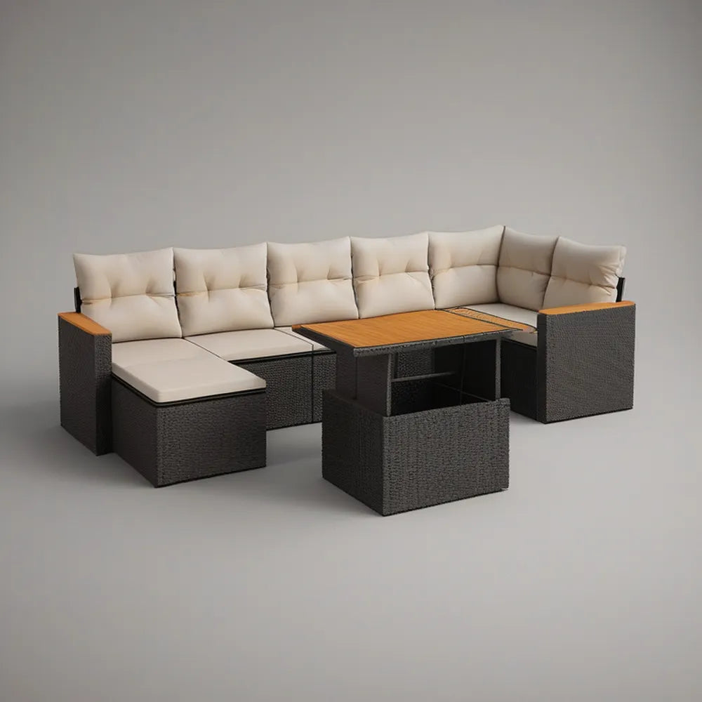 Conjunto de Exterior Modular Preto, Bege e Castanho com Mesa em Acácia, 220 x 220 x 65 cm
