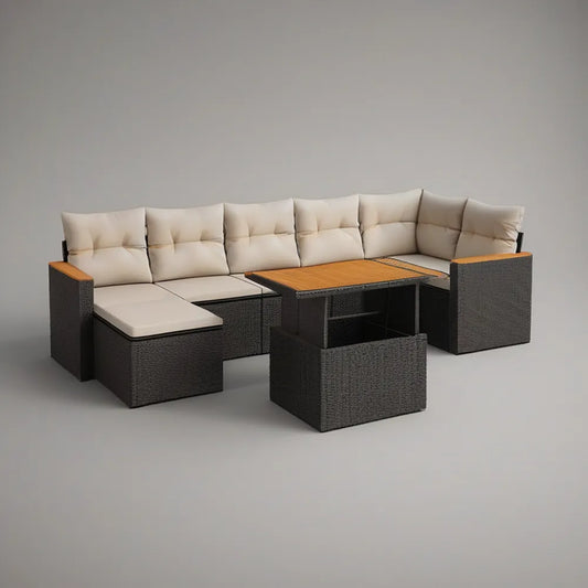 Conjunto de Exterior Modular Preto, Bege e Castanho com Mesa em Acácia, 220 x 220 x 65 cm