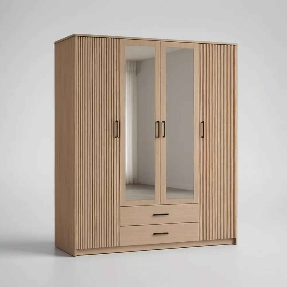 Roupeiro de 4 Portas com Espelhos e 2 Gavetas em MDF Carvalho Claro e Preto, 200 x 60 x 200 cm