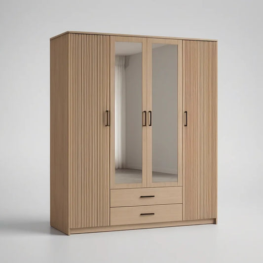 Roupeiro de 4 Portas com Espelhos e 2 Gavetas em MDF Carvalho Claro e Preto, 200 x 60 x 200 cm