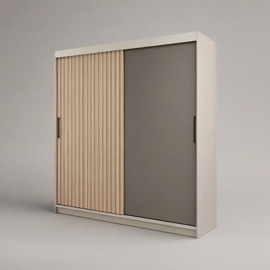 Roupeiro com 2 Portas de Correr, 200 x 200 x 60 cm, Branco, Cinzento, Bege-claro e Preto