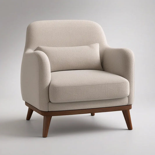 Poltrona Estofada em Bouclé Bege com Pernas em Madeira Castanho-Nogueira, 90 x 85 x 84 cm