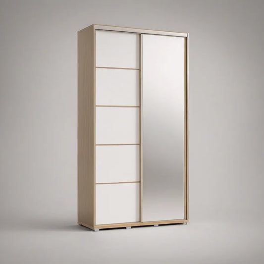 Guarda-roupa de 2 portas de correr com espelho, Branco e Carvalho Claro, 120 x 60 x 200 cm
